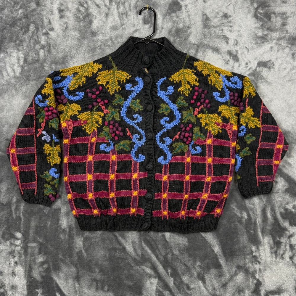 Lisa Nichols Cardigan Sweater Womens 1 Black Vintage Grape Vine Knit Plaid 1993
